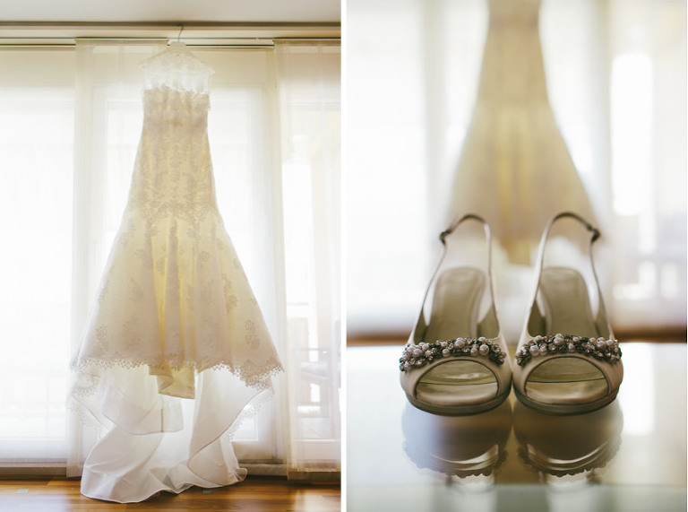 Das Brautkleid und die Brautschuhe perfekt fotografiert von Hochzeitsfotograf Pascal Landert. Seine Spzialität sind persönliche, emotionale und stimmungsvolle Hochzeits-Reportagen